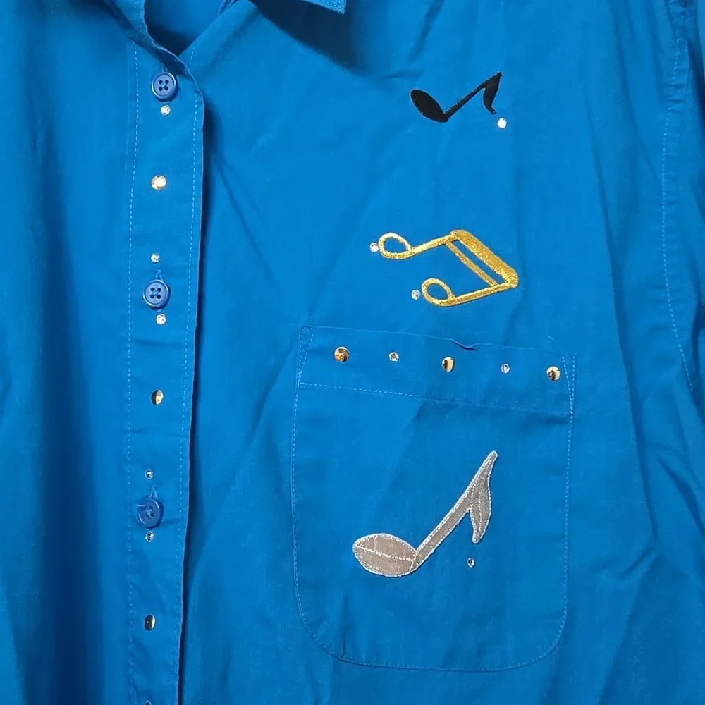 Las Olas Womens Size LARGE Embroidered BLUE Music Notes Button-Down Shirt - Picture 4 of 9